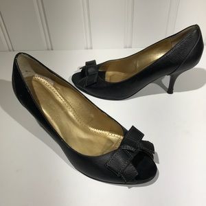 J. Crew black leather peep toe heels with bows 9.5